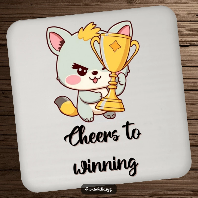 Funny drink coaster featuring a mischievous animal winking and holding a trophy, adding a playful touch to beverage service.