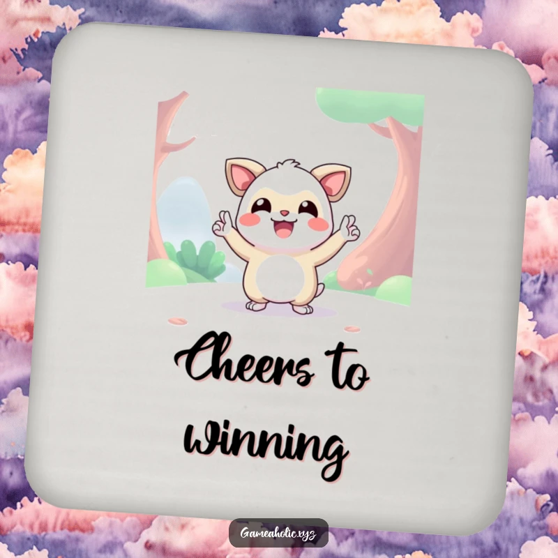 Funny happy creature in a digital world giving a victory pose, round drink coaster, protecting surfaces humorously.