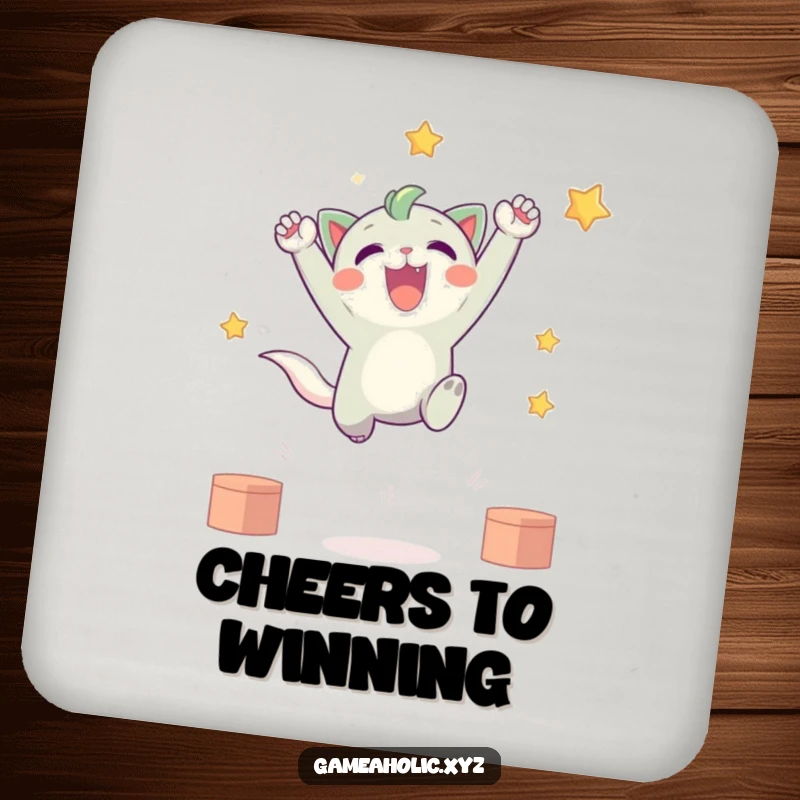 Funny drink coaster featuring a cute creature celebrating a virtual victory with an energetic leap, adding humor to beverage service.