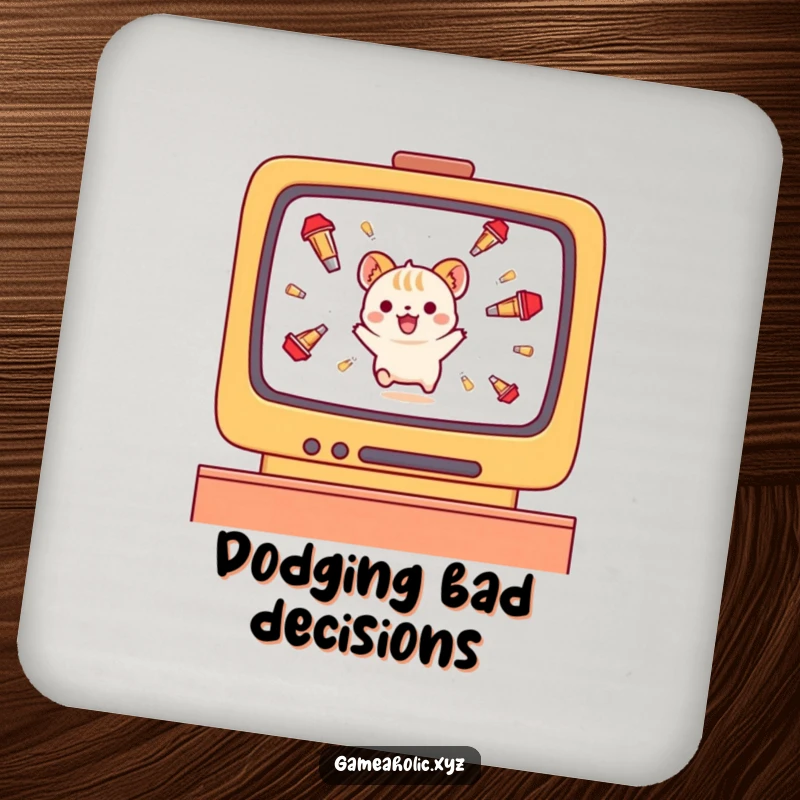 Funny small animal character drink coaster, gleefully dodging falling projectiles on a game screen.
