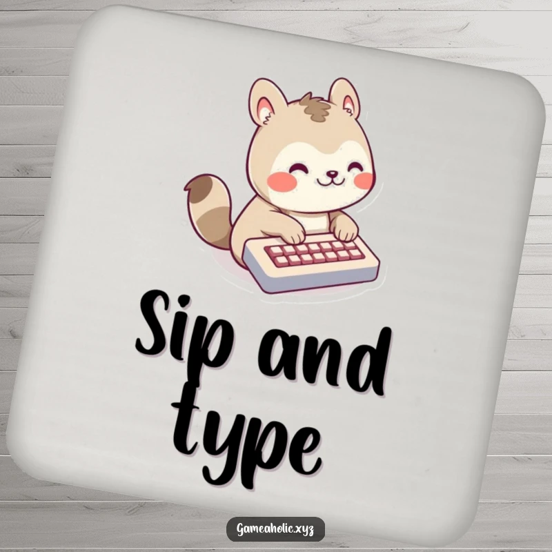 Funny Coasters featuring a grinning animal character typing on a small keyboard, protecting surfaces with tech humor.