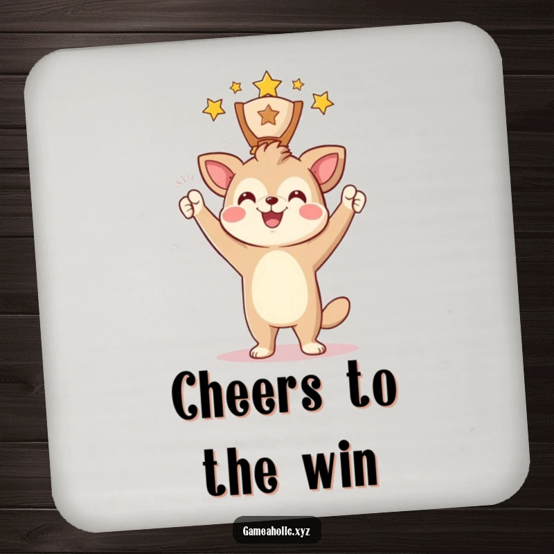 Funny Drink Coasters featuring an animal character triumphantly holding a digital award with a smile, protecting surfaces with humor.
