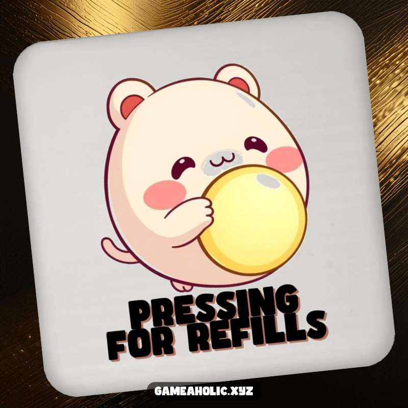 Funny round animal character drink coaster, rosy cheeks, eagerly pressing a large, glowing button, cute and protective.