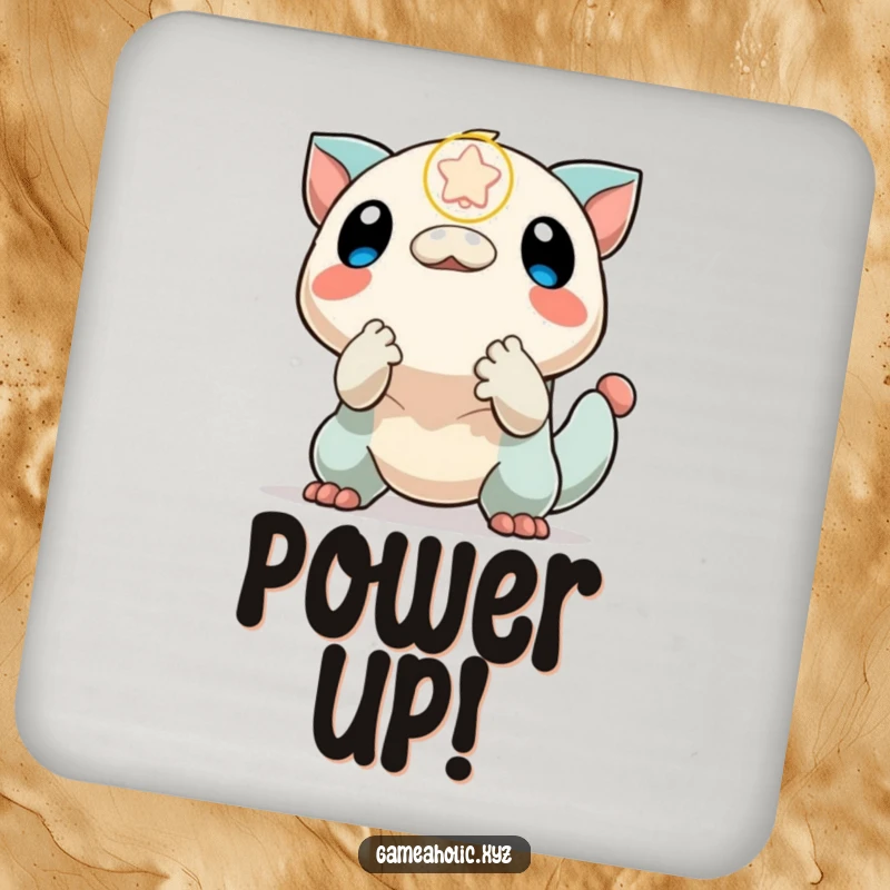 Funny drink coasters featuring a creature excitedly reaching for a falling power-up icon, adding gaming humor to tabletops.