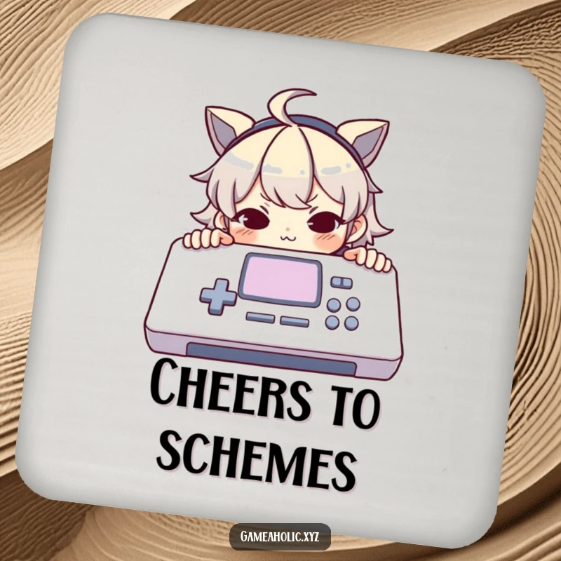 Funny drink coasters with a character peeking over a large console with a mischievous smirk, adding gamer humor to tabletops.