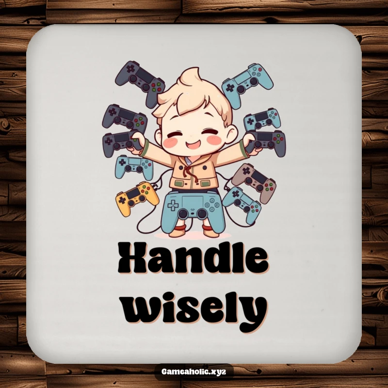 Funny Drink Coasters: Character balancing multiple game controllers with a goofy grin, protecting surfaces humorously.