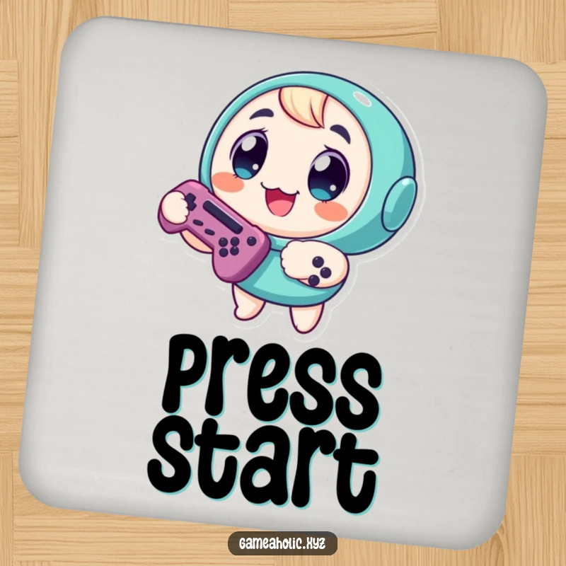 Funny Drink Coasters: Round character with excited eyes, holding a game controller, protecting surfaces with humor.