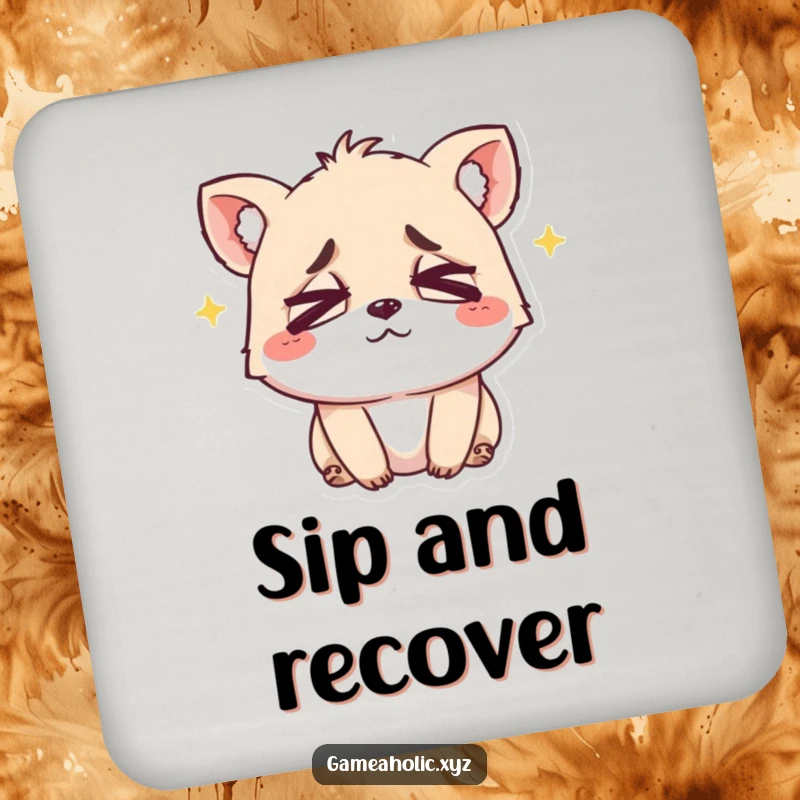 Funny drink coaster featuring a small animal with crossed eyes and a happy, tired smile, protecting surfaces with humor.