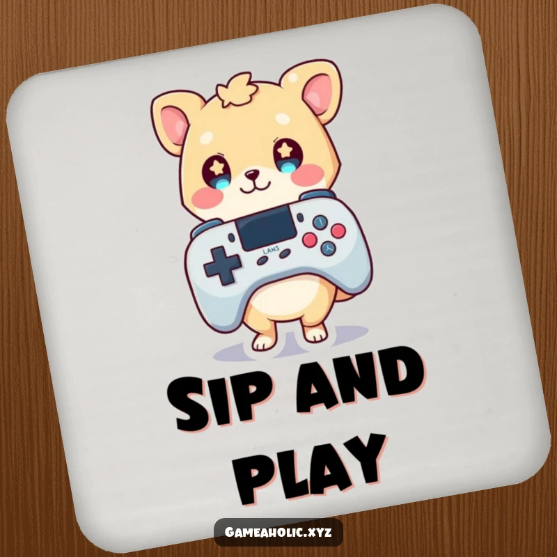 Funny drink coaster showing a cute animal character with starry eyes, holding an oversized game controller, adding gamer humor.