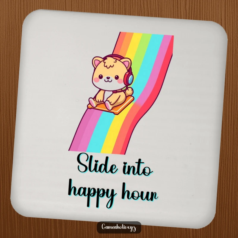 Funny drink coaster set featuring a cheerful animal with a headset, sliding down a rainbow pixelated slide, for home.
