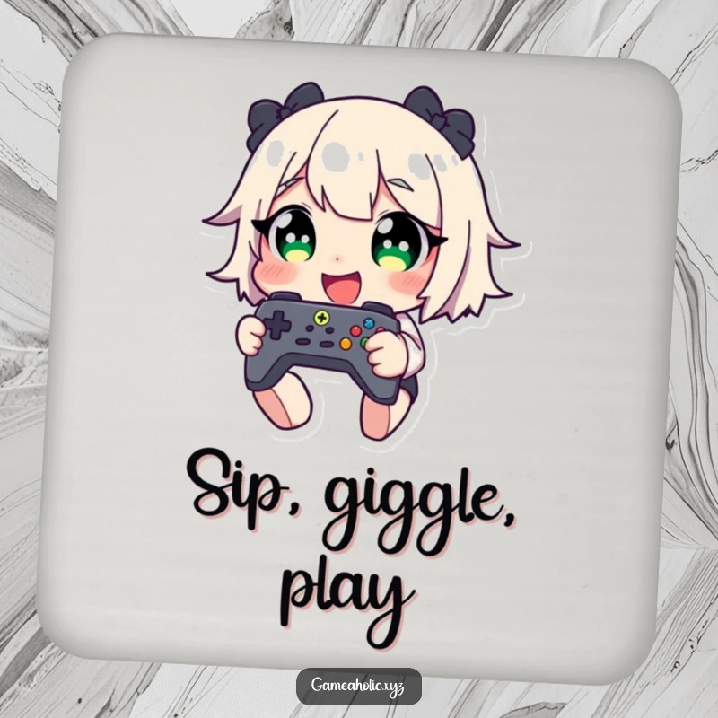 Funny drink coaster featuring a giggling character with wide eyes, holding a game controller, adding playful charm to any surface.