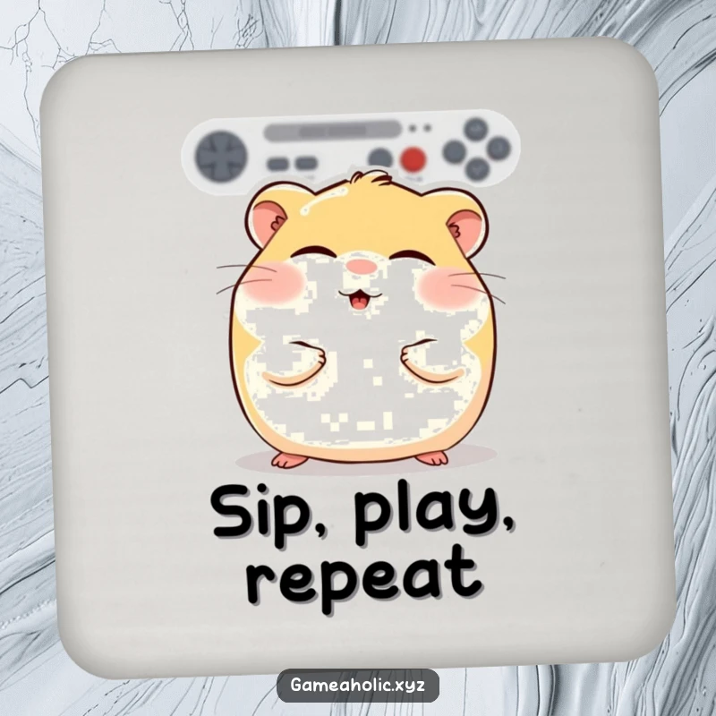 Funny round hamster with rosy cheeks, eyes closed in gaming bliss, printed on a drink coaster, for cozy gamers.
