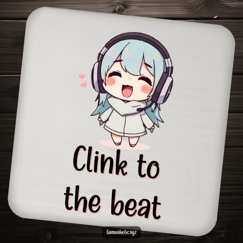 Funny Coasters featuring a delighted character in headphones wiggling, protecting surfaces with musical rhythm.