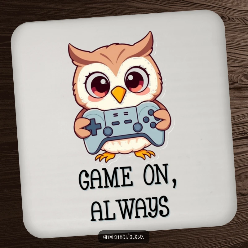 Funny cartoon owl with big eyes holding a game controller, round drink coaster, protecting surfaces humorously.
