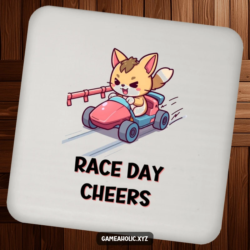 Funny determined animal character racing a tiny vehicle on a pixelated track, a protective and humorous drink coaster for gamers.