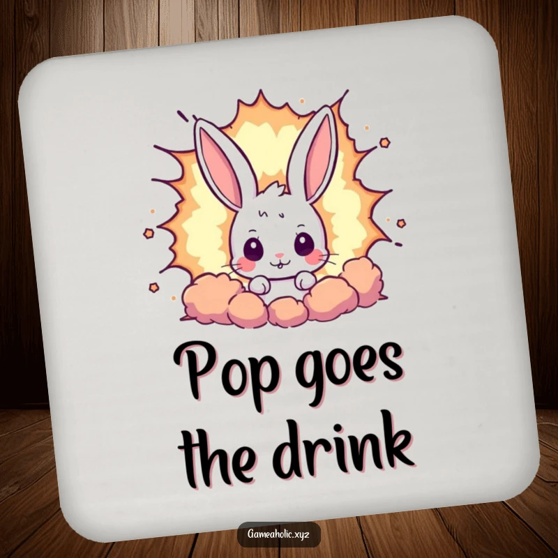 Funny rabbit drink coaster featuring a curious bunny peeking from a giant pixelated explosion, adding a humorous and nostalgic touch.