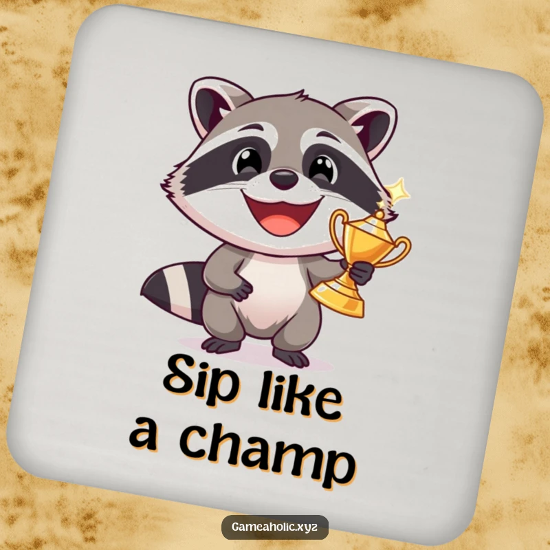 Funny raccoon with a wide grin holding a sparkling trophy, round drink coaster, protecting surfaces humorously.