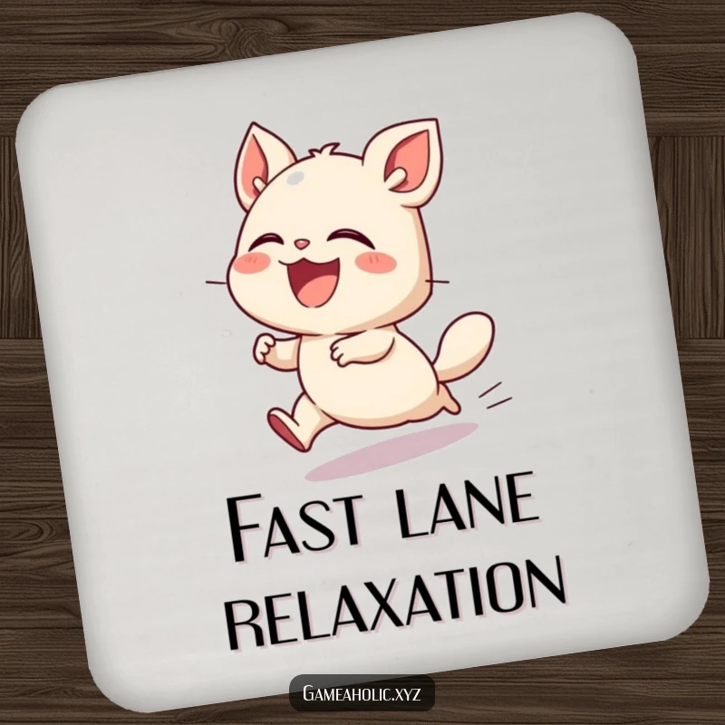 Funny drink coaster featuring a small creature laughing heartily while depicted in fast motion, adding humor to tabletops.