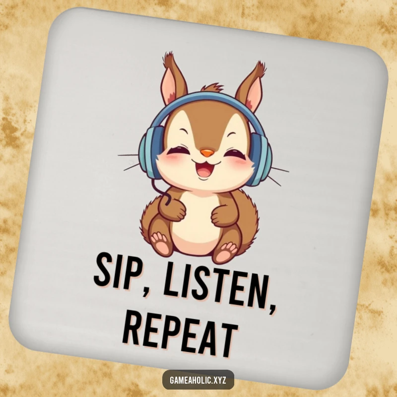 Funny Drink Coaster with a squirrel wearing headphones, intently focused on a screen, bringing humor to your table.