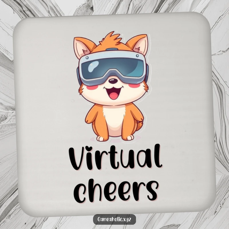 Funny happy animal character with oversized VR goggles, a protective and humorous drink coaster for tech lovers.