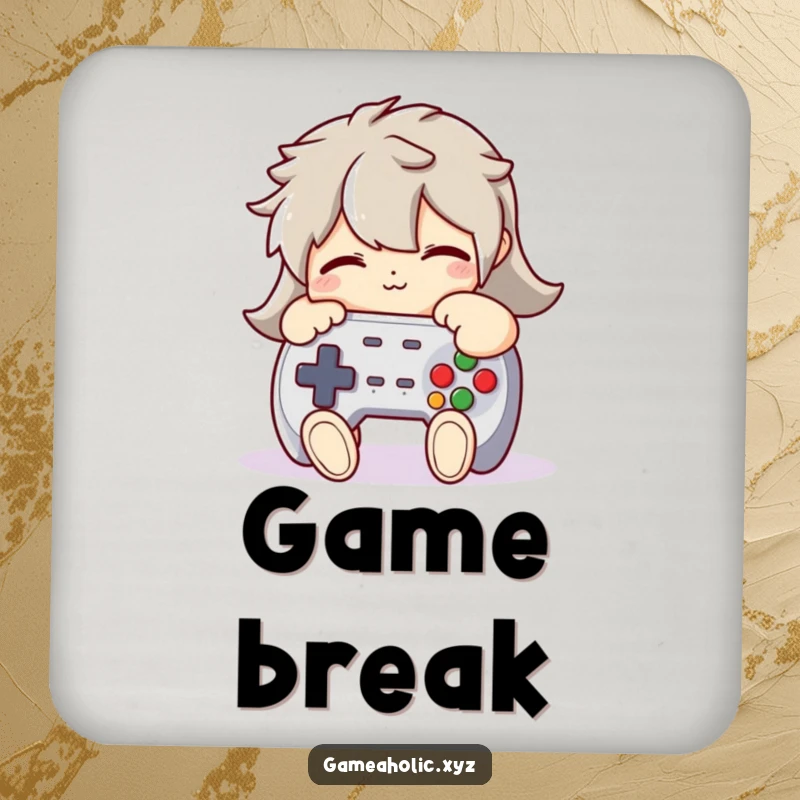 Funny Drink Coasters: A character humorously hugging a plush game controller tightly, protecting surfaces with gamer affection.