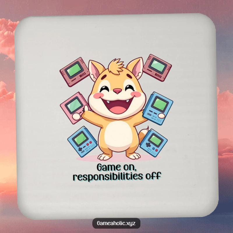 Funny gamer animal coaster with an energetic animal, huge grin, juggling game cartridges, a small funny gift.