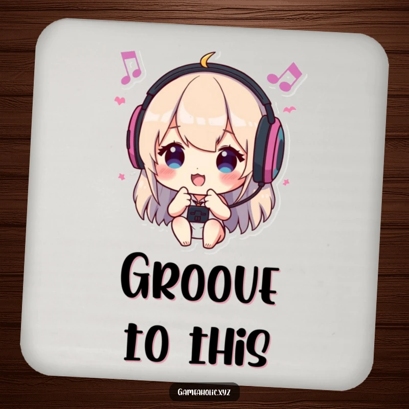 Funny drink coasters with a character wearing headphones, headbanging to in-game music, adding humor to tabletops and protecting surfaces.