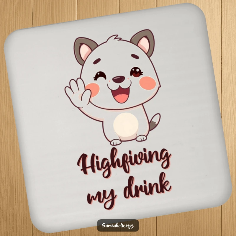 Funny animal character drink coaster, cheerful, offering a virtual high-five, protective and cute.