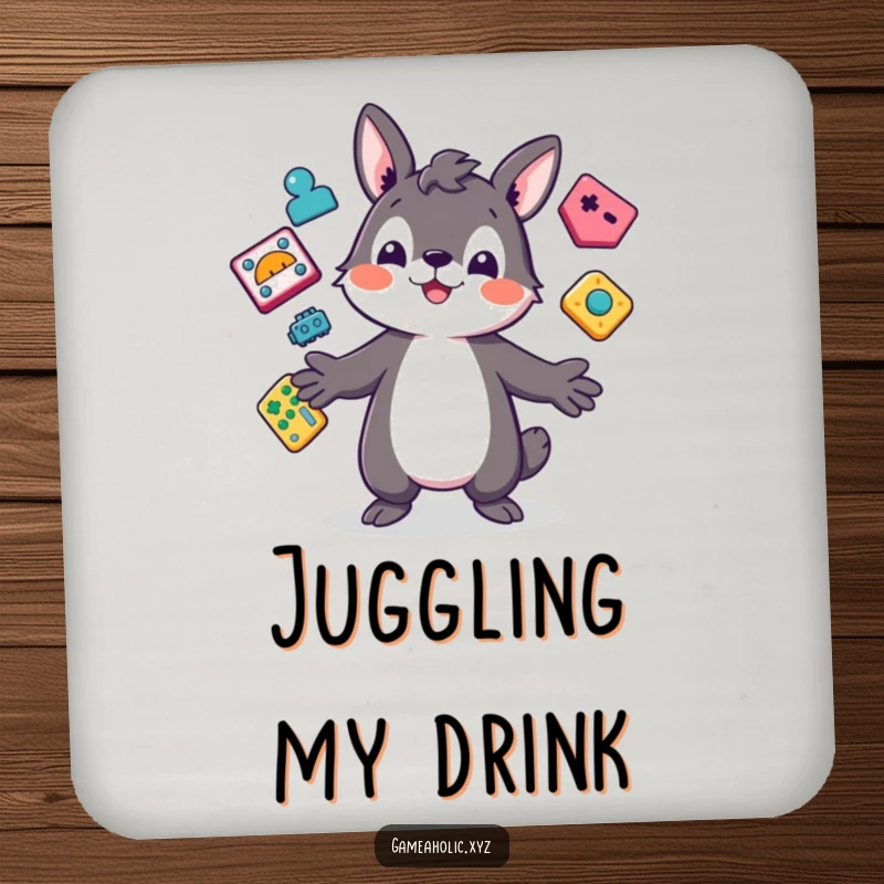 Funny Drink Coasters with a playful animal character juggling colorful, abstract game icons, protecting surfaces with humor.