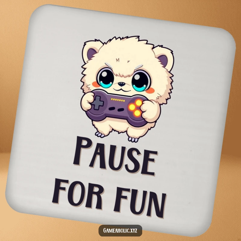 Funny drink coaster with a fuzzy creature button mashing a game controller, protecting surfaces with gamer flair.