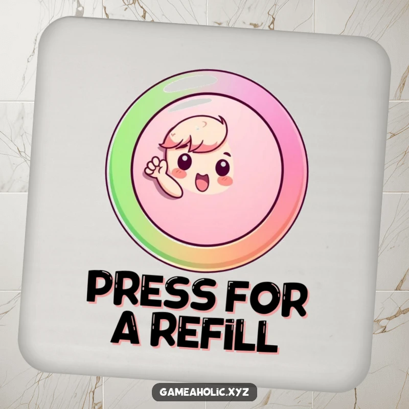 Funny Drink Coasters featuring a small character enthusiastically pressing a large, colorful button, protecting surfaces with humor.