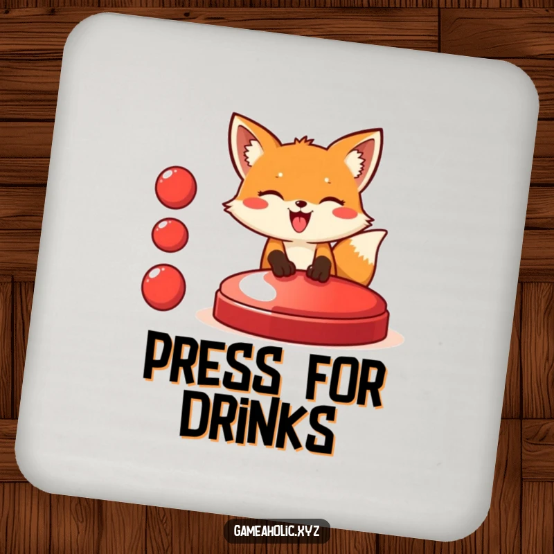 Funny fox drink coaster featuring a giggling fox pressing a large red button, adding a humorous and functional element to any surface.