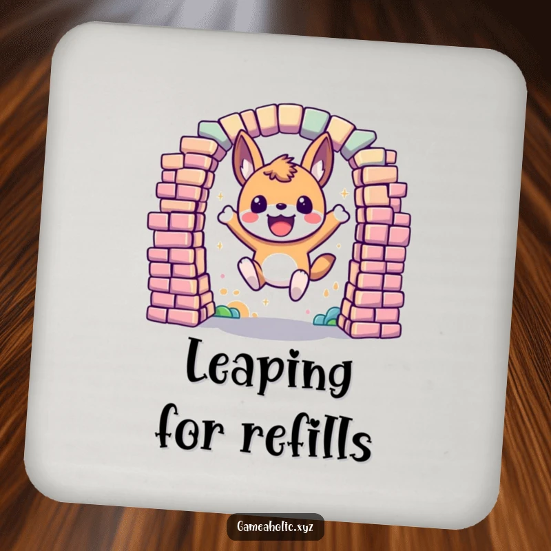 Funny Drink Coasters with an excited animal character leaping through a portal made of colorful, digital pixels, protecting surfaces.