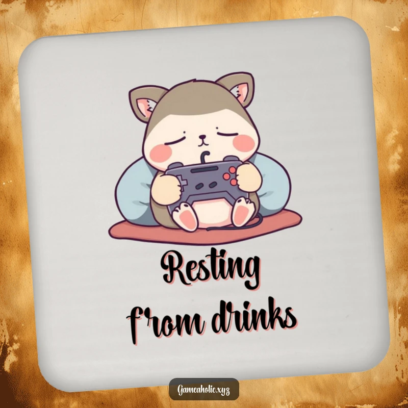 Funny Drink Coasters with a content animal character sleeping soundly, holding a tiny game controller, for protecting surfaces.