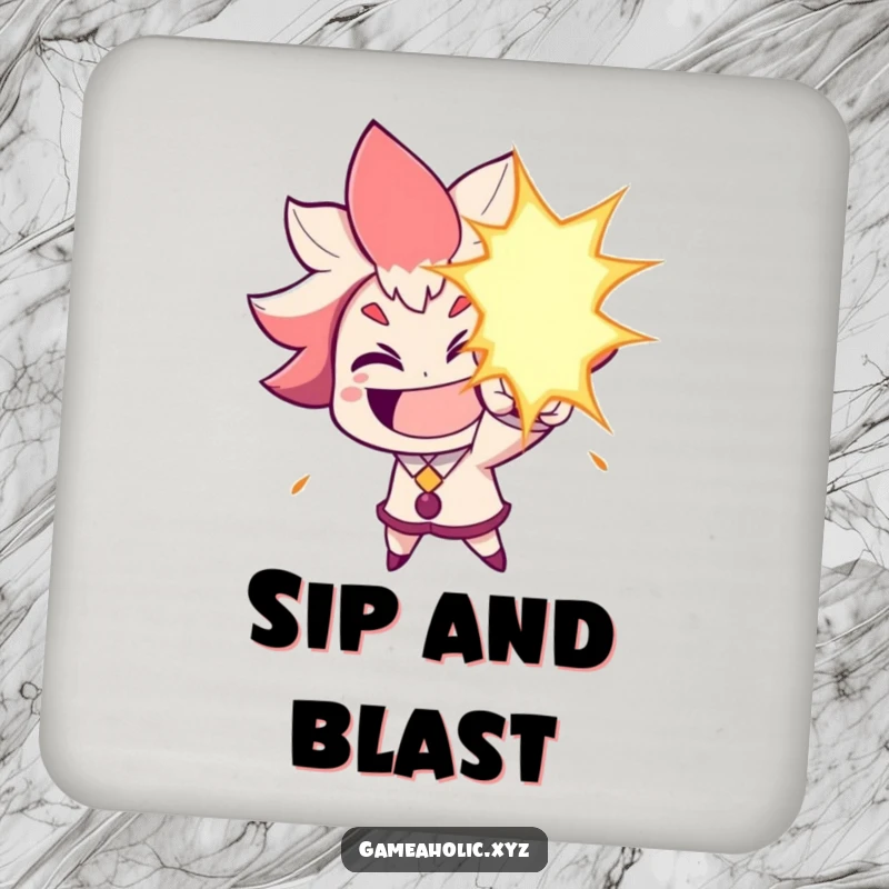 Funny Coaster: Character grins widely, aiming a humorous energy blast, protecting surfaces with comedic flair.