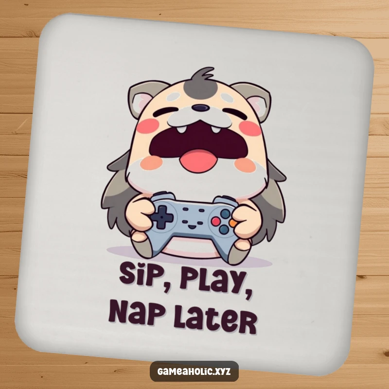 Funny yawning animal character with a controller on a drink coaster, representing the dedicated gamer.