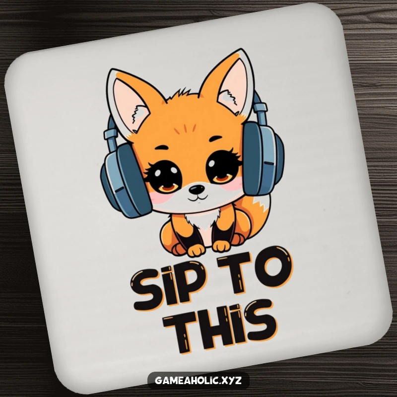Cute kawaii fox with oversized headphones, eyes sparkling with excitement, printed on a drink coaster, celebrating music.