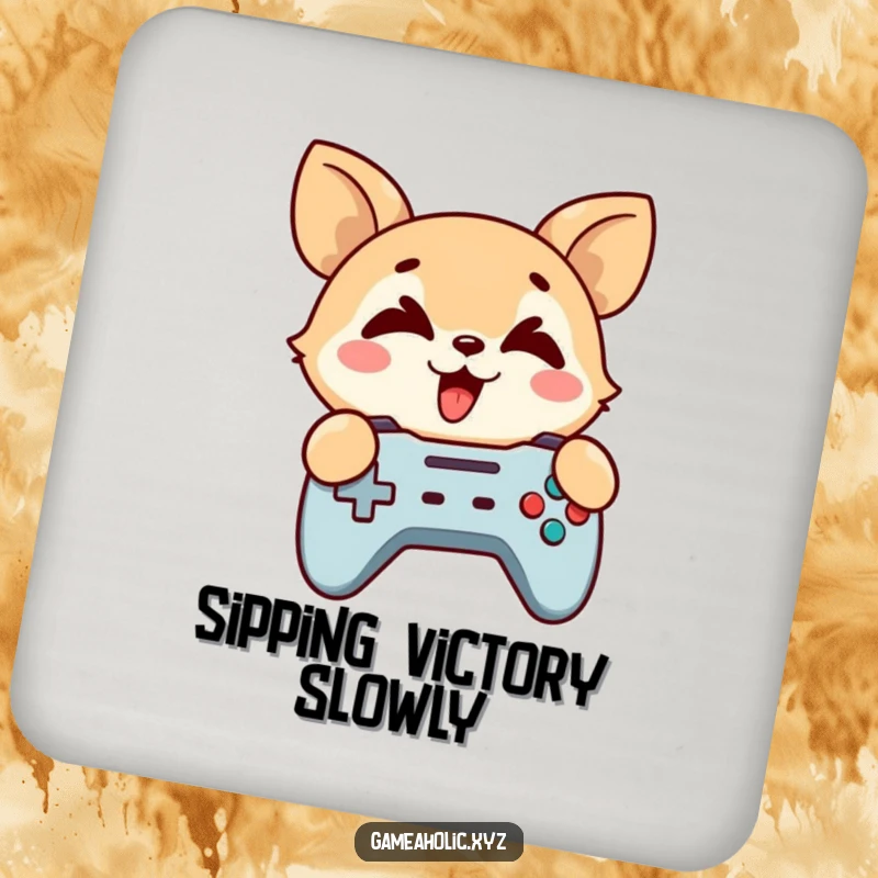 Funny Coaster: A cute animal character holds a game controller, eyes crossed in gamer focus.