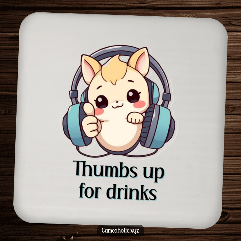 Funny drink coaster featuring a creature peeking over a large headset and giving a thumbs up, adding tech-themed humor.