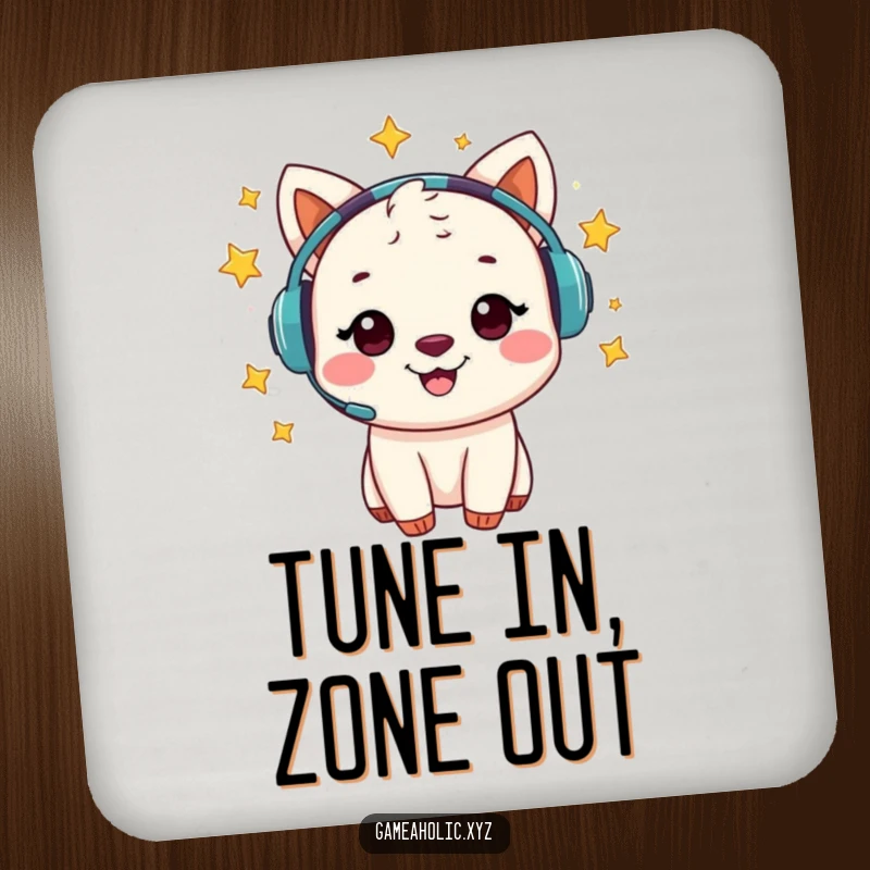 Funny drink coaster featuring a cheerful animal character with a gaming headset surrounded by swirling stars.