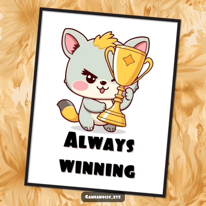 Funny poster art of a winking animal character beaming with pride as it holds aloft a celebratory trophy.