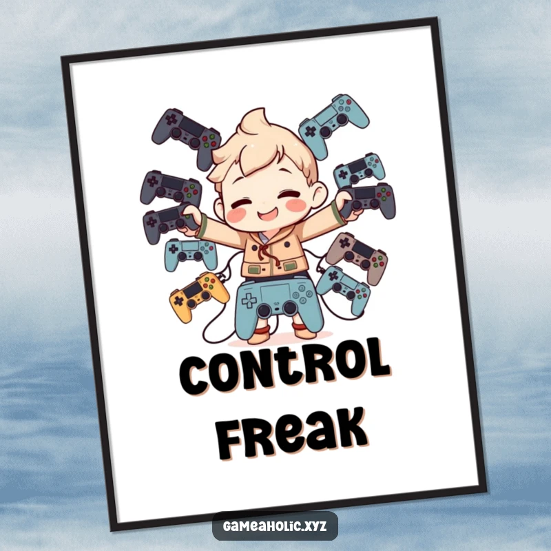 Funny Poster: Character balancing a pile of game controllers with a huge, goofy grin, celebrating gaming prowess.