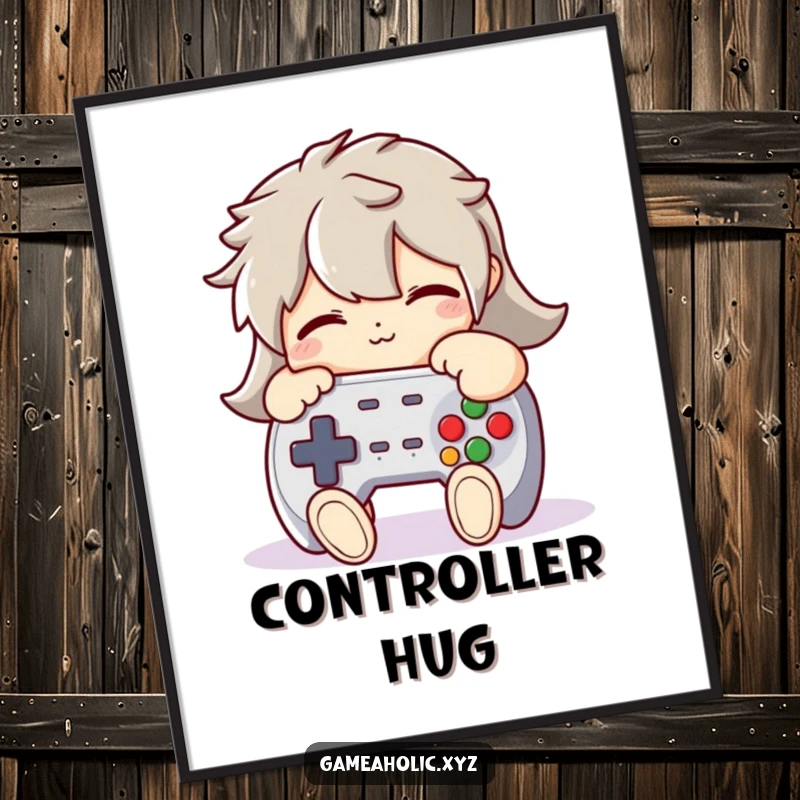 Funny Poster: A character humorously hugging a plush game controller tightly, celebrating the emotional connection to gaming.