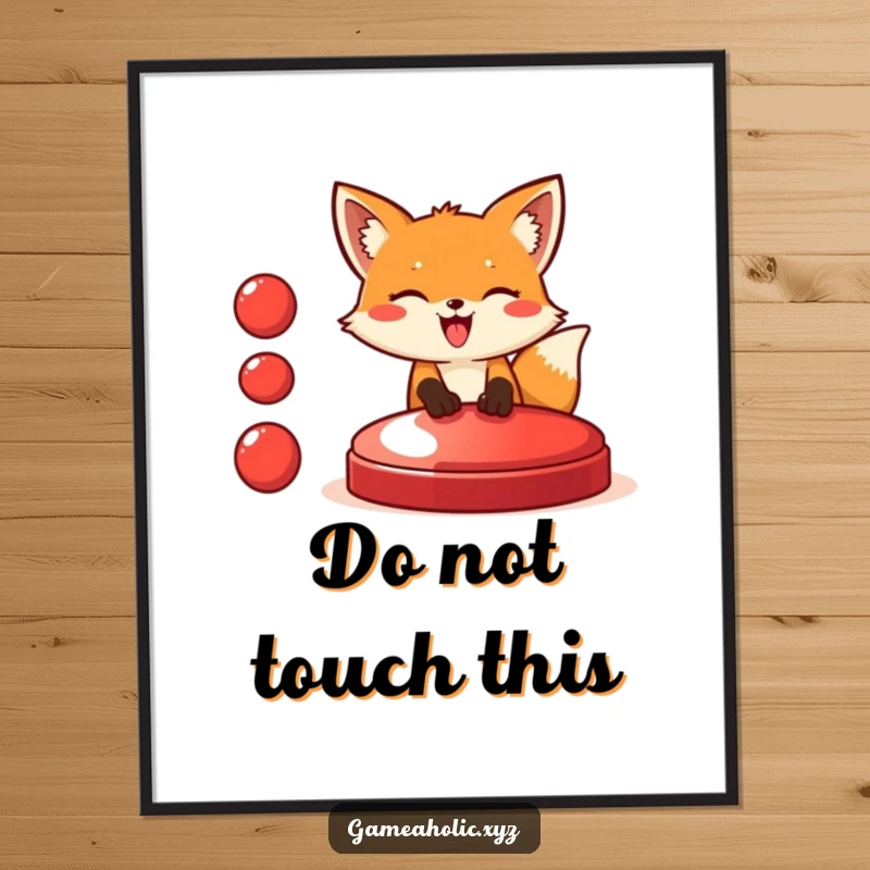 Funny fox poster showing a giggling fox enthusiastically pressing a very large red button, creating an amusing and dynamic visual.