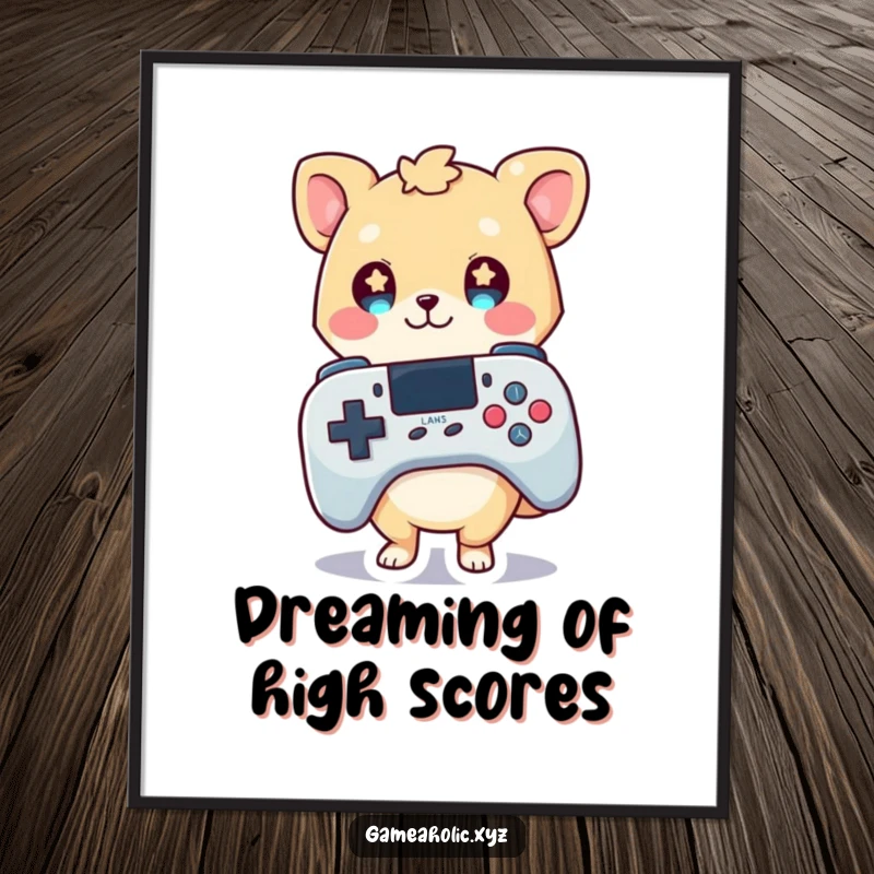 Funny poster art of a cute animal character with wide, starry eyes, clutching an oversized game controller, ready for adventure.