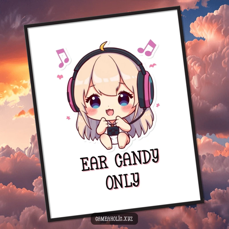Funny poster of a character with headphones, headbanging to game music, celebrating the joy of gaming soundtracks and vibrant energy.