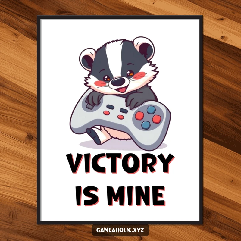 Funny Poster of a cute badger wildly mashing buttons on a massive game controller, perfect for gamer decor.