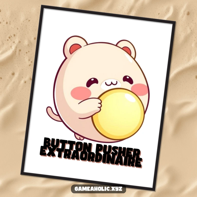 Funny round animal character poster, rosy cheeks, eagerly pressing a large, glowing button, energetic art.