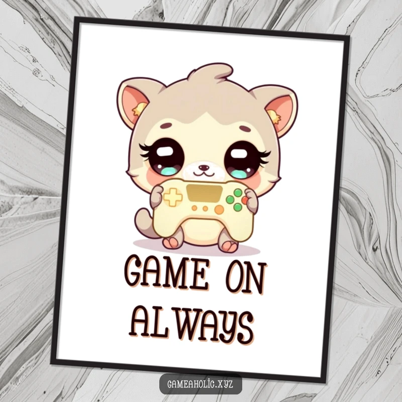 Funny gamer animal poster of a cute character with wide, sparkling eyes, holding a brightly glowing video game controller.