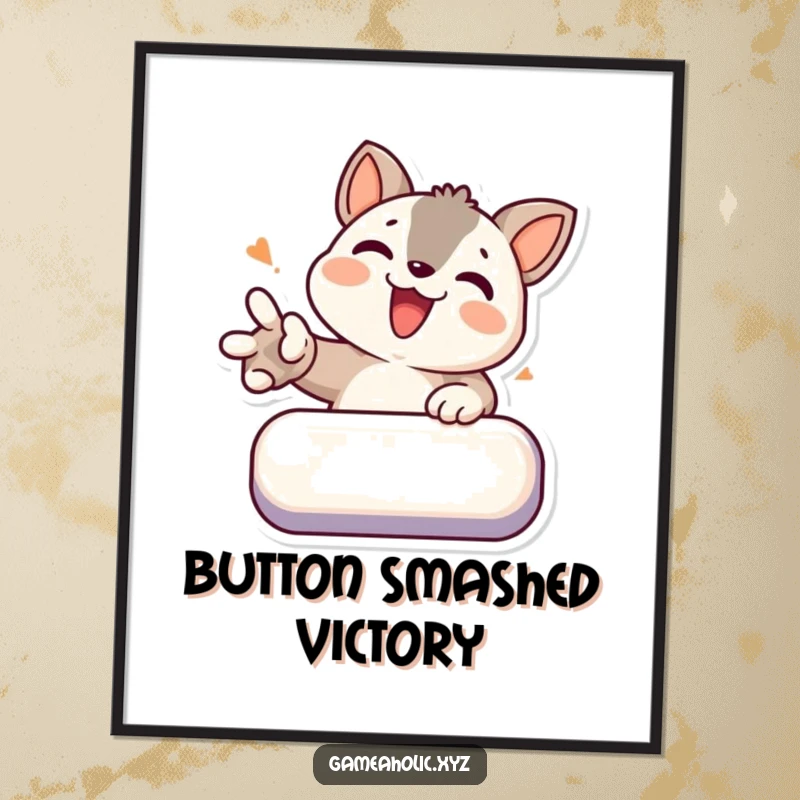 Funny poster featuring a determined animal character smashing a virtual button with joyful intensity, gaming art.